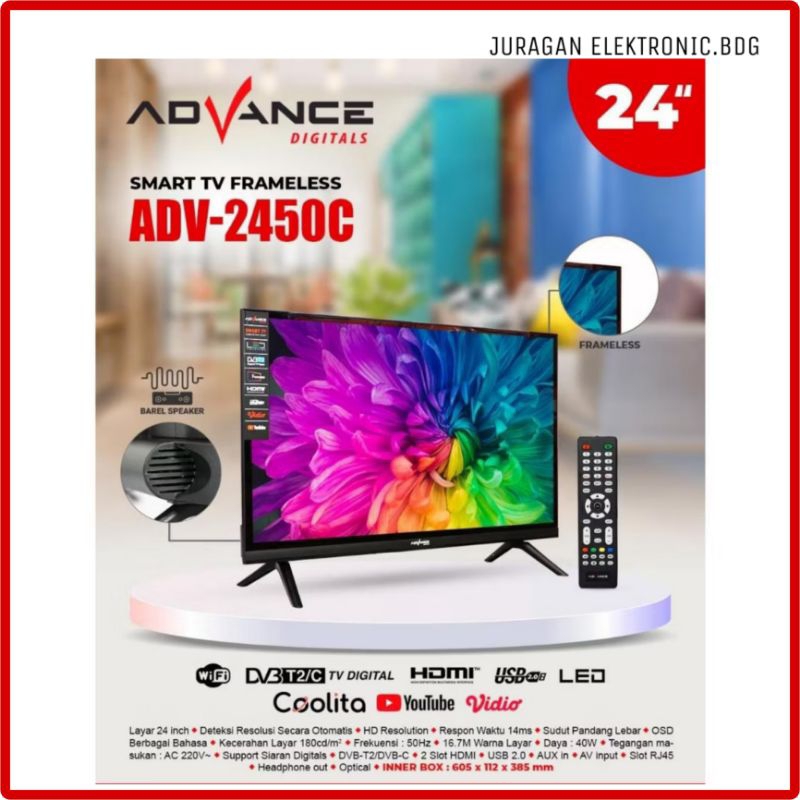 Smart TV Frameless Advance ADV-2450C Televisi Digital 24 Inch HD Support Antena Digital DV3/T2