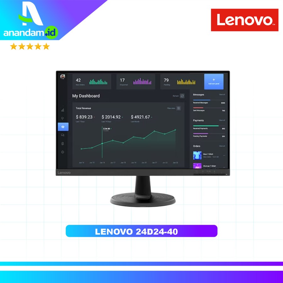 Monitor LED Lenovo D24-40 24" 1080p 75Hz VGA HDMI VESA 100x100mm - D24-40