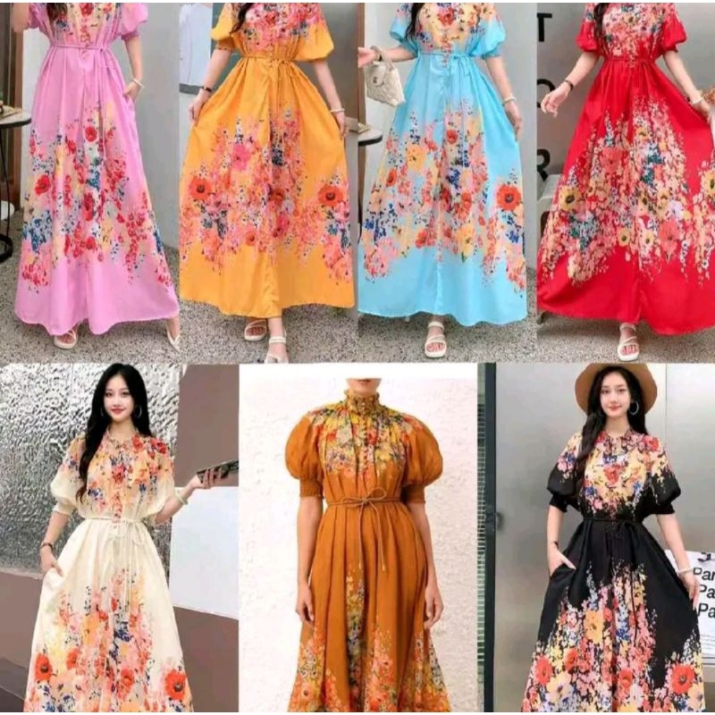 NEW Collection, Long Dress Megar Lengan Balon Pendek Import Mewah Best Quality ala Korea Style Flora