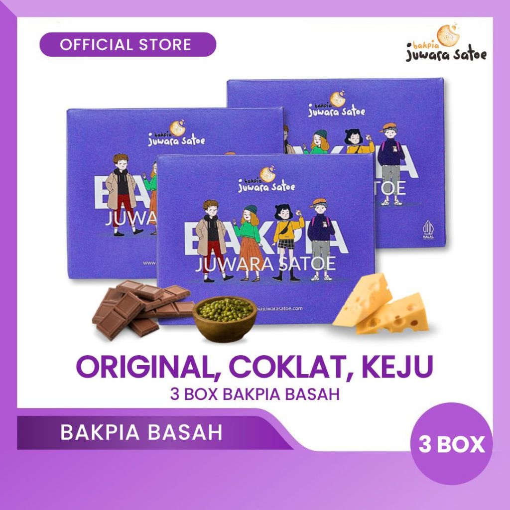 

BAKPIA JUWARA SATOE [ 3 Box ] Paket Bakpia Basah Mix D (Coklat, Keju, Original) - Oleh Oleh Khas Jogja