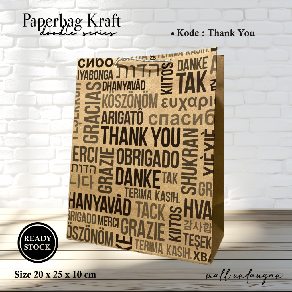 

PAPERBAG MOTIF READY STOCK - PAPER BAG MURAH MOTIF THANK YOU UKURAN 20 X 25 X 10 CM