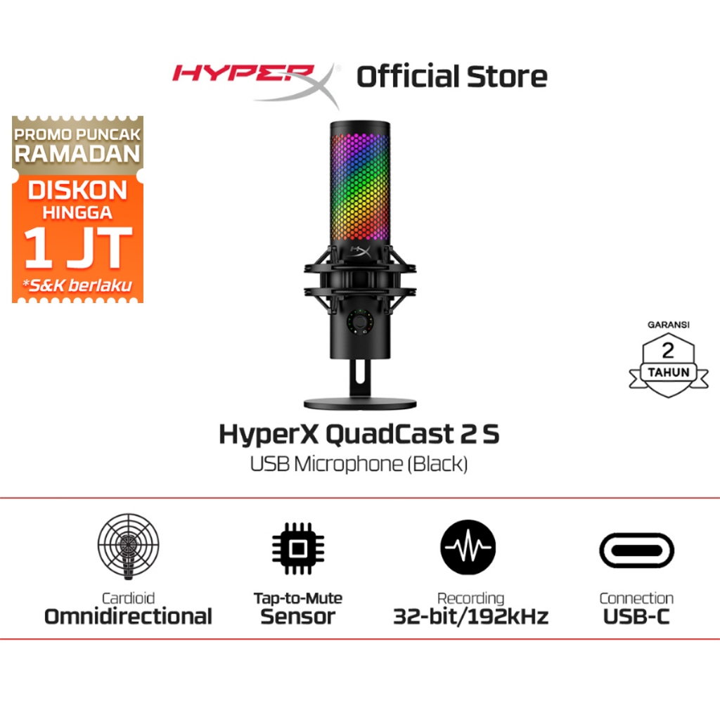 HyperX Microphone Gaming QuadCast 2 S USB C - Black Podcast Streaming Condenser Mic Original Promo C