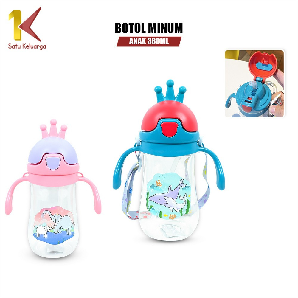Satu Keluarga Botol Minum Anak 380ML Motif Mahkota C913 Botol Air Minum dengan Pipet dan Tali Gantun