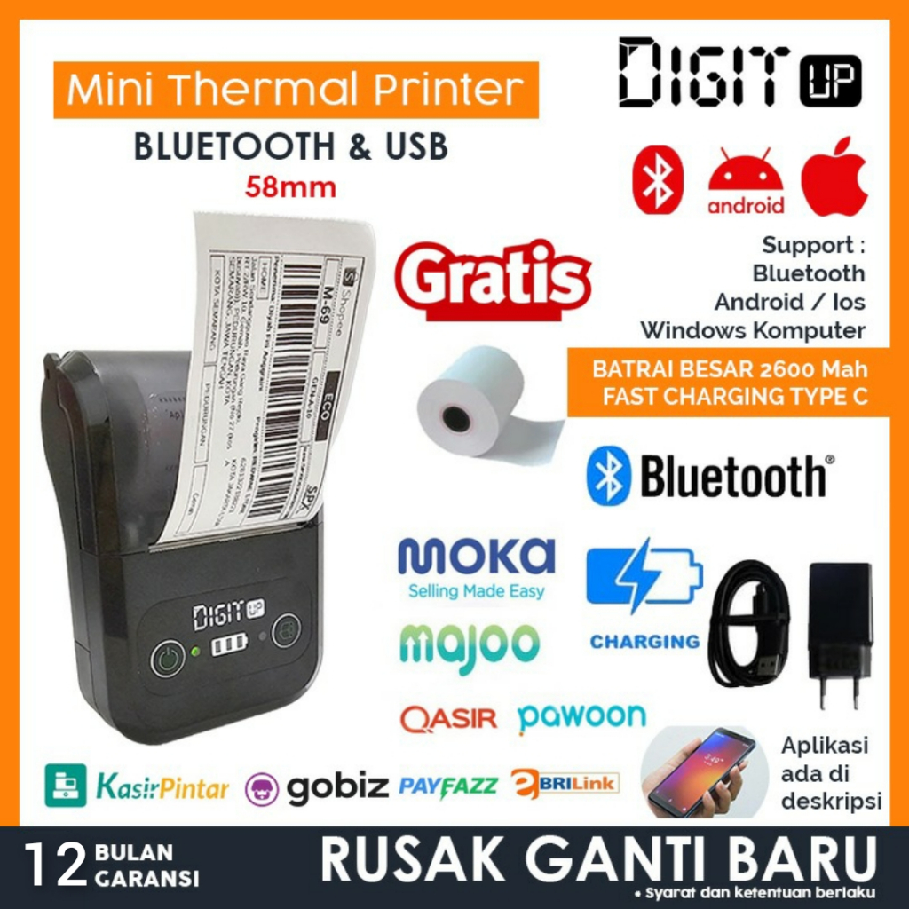 Hophop Printer Thermal Bluetooth Kasir Printer Resi Baterai Portable Digit-58B