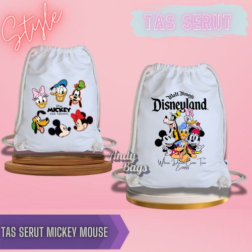 Tas Serut Bahan Kanvas Motif Mickey Mouse / Serbaguna / Kampus / Wanita - Pria / Hadiah / Acara