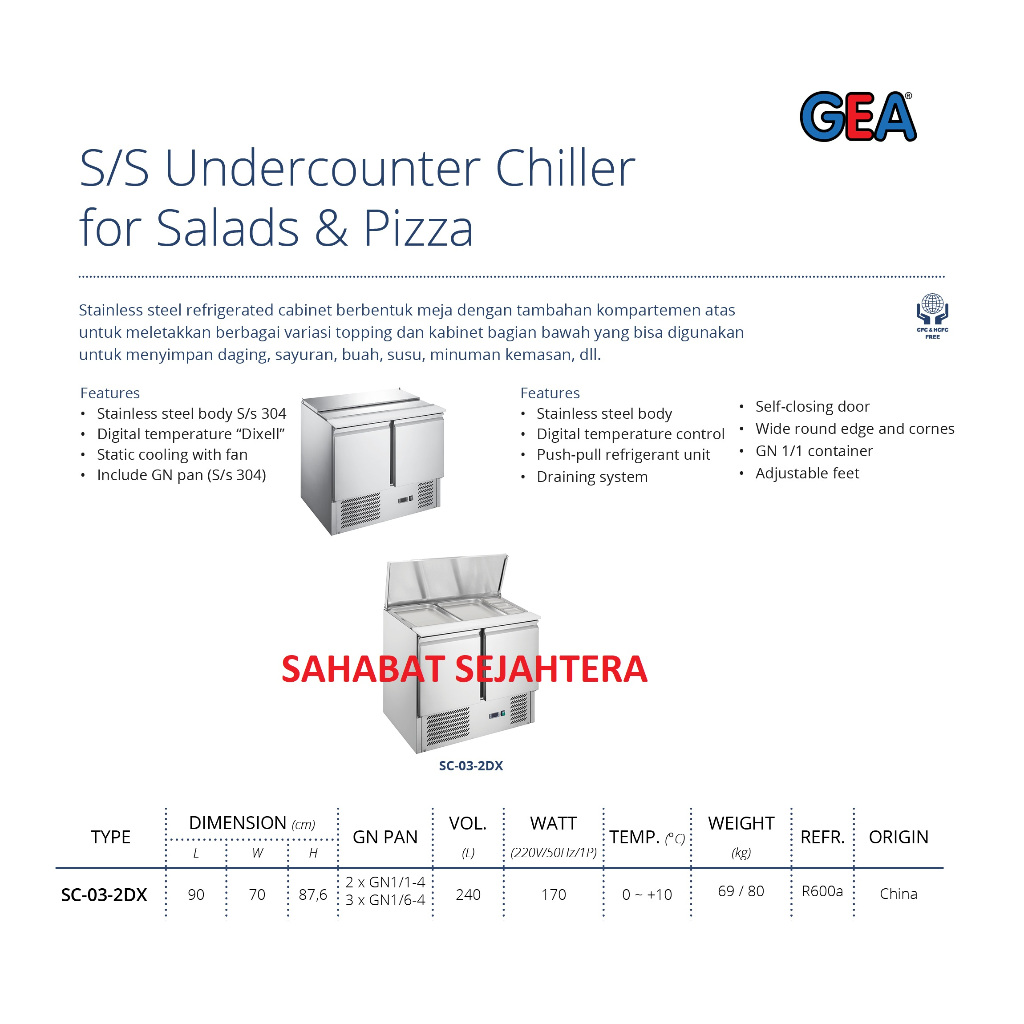 GEA S/s Undercounter Chiller for Salads & Pizza SC-03-2DX Cabinet Pendingin Berbentuk Meja