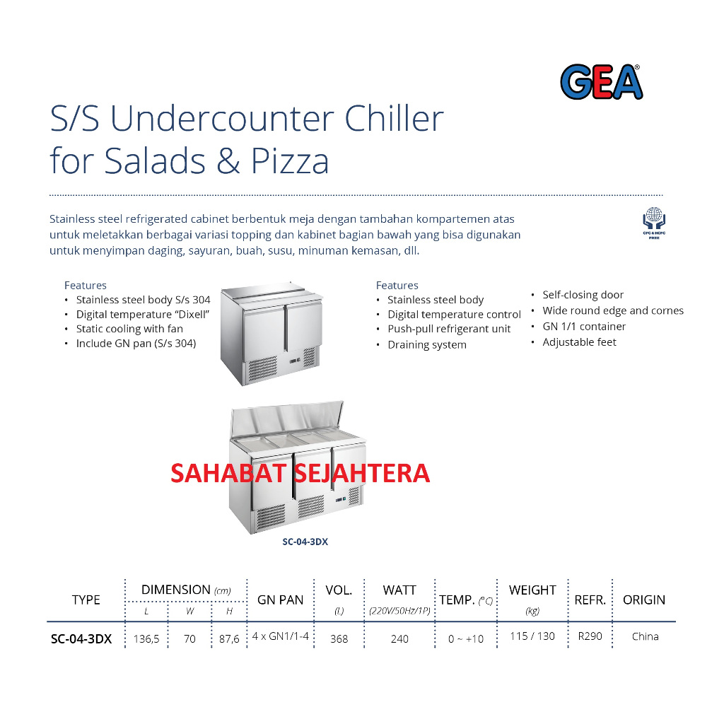 GEA S/s Undercounter Chiller for Salads & Pizza SC-04-3DX Cabinet Pendingin Berbentuk Meja