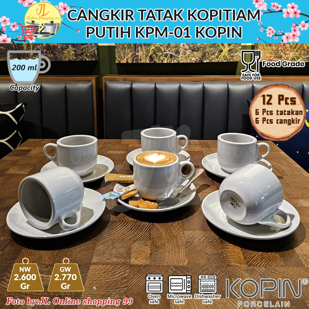 KOPIN Cangkir set 6 pasang + tatakan porselain keramik putih KPM-01 / KOPITIAM klasik tea cup and sa