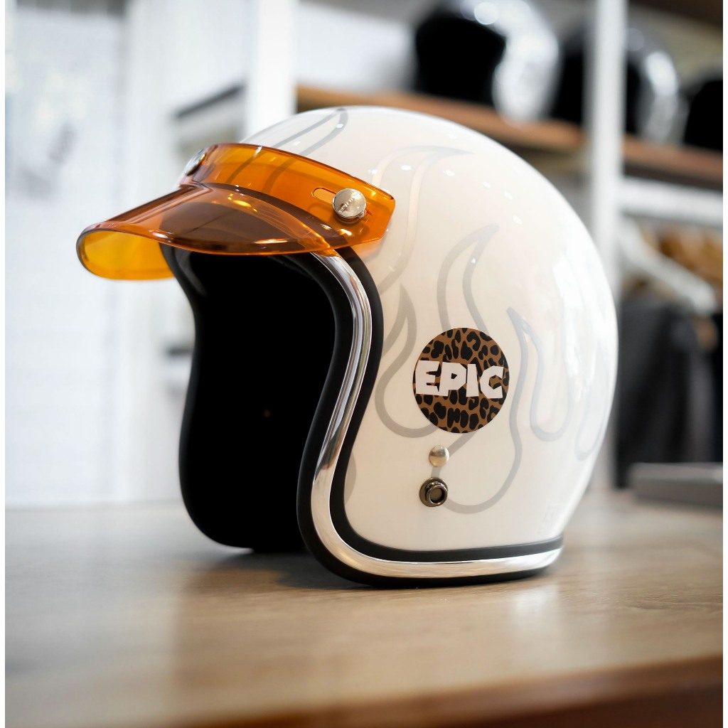Epic Veil Slim Head EV-500 Open Face White Flame Pattern List Silver Helm Half Face SNI