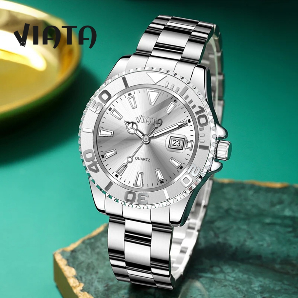 VIATA Jam Tangan Pria 100% Original Tali Rantai Tanggal Analog Stainless Steel Klasik LUXURY CA116-3