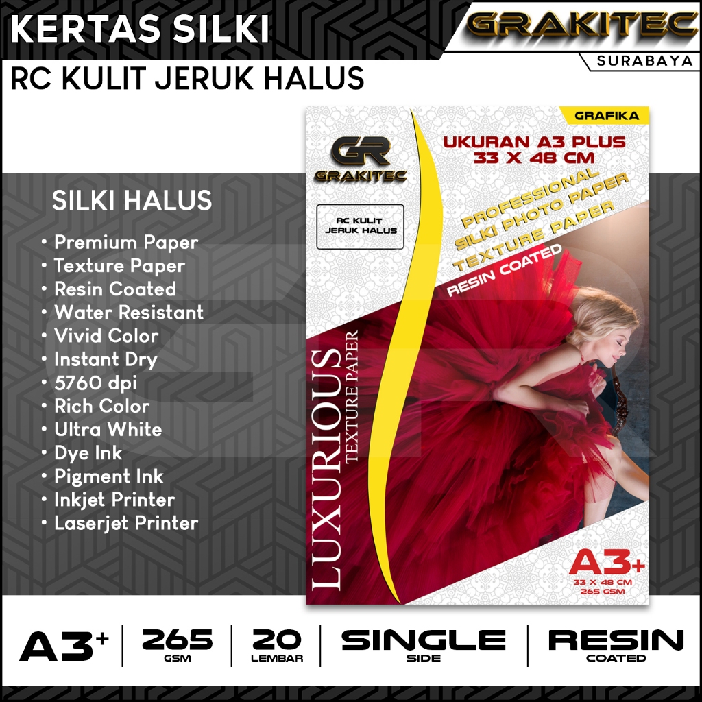 

Kertas Foto Silki Texture A3 / A3+ Professional Silki, Glossy Photo Paper 265 ,Doff Halus, Canvas, Doff Halus/ Luster Resin Coated GRAKITEC SBY