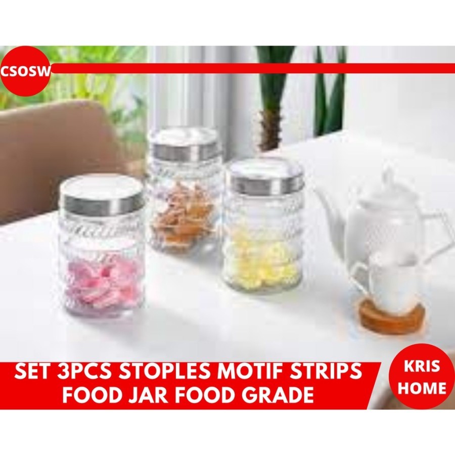 Set 3 Pcs Stoples Makanan Motif Strips Food Jar Food Grade Toples Kaca