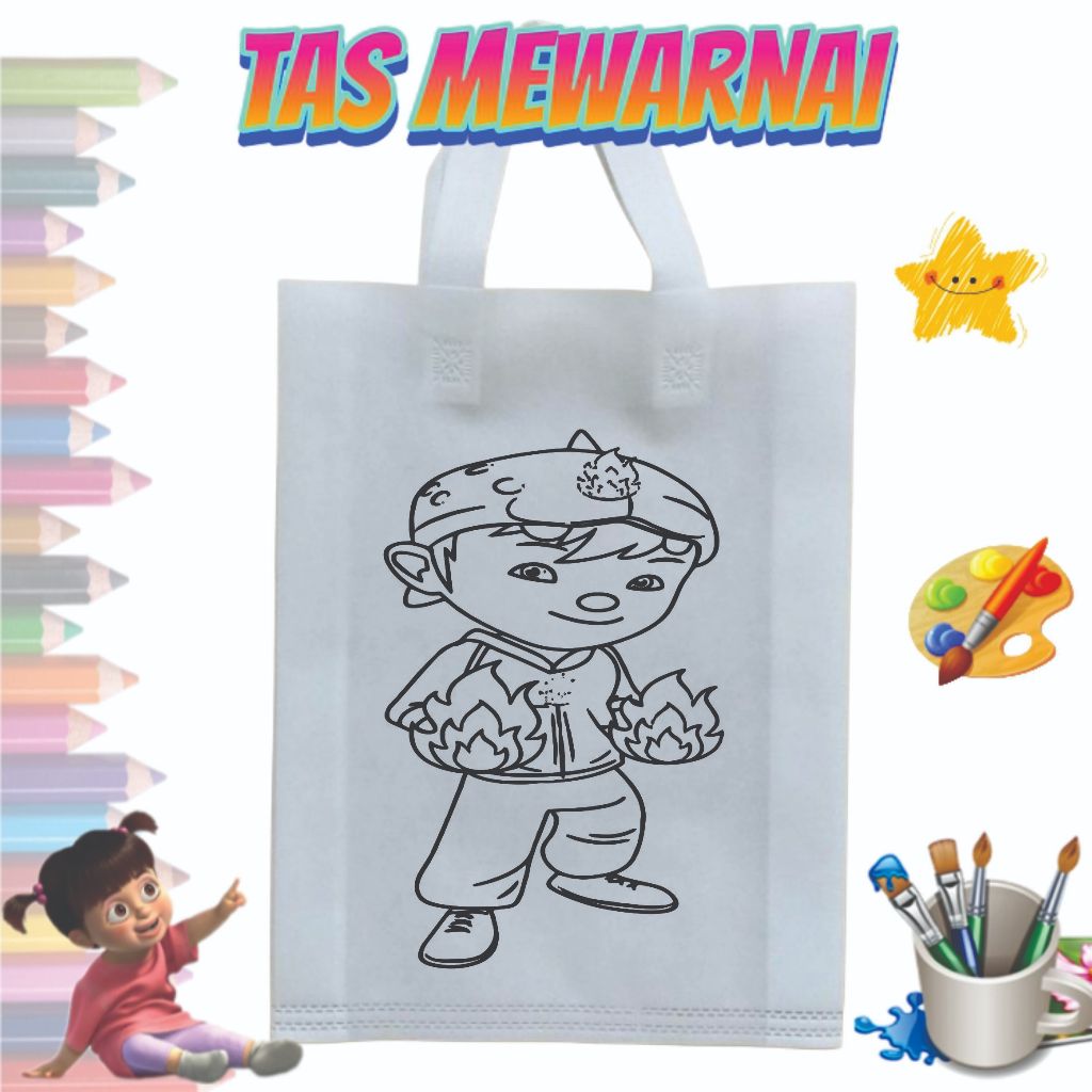 

(12 PCS)Tas Mewarnai Anak Kain spunbond ukuran 25x35 (TALI MIX WARNA)