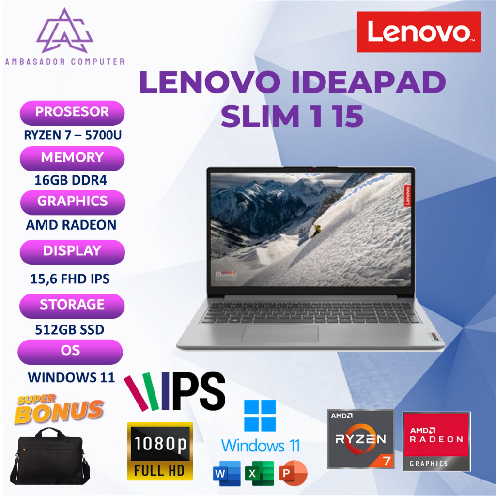 Lenovo Ideapad Slim 1 15 Ryzen 7 5700U 16GB 512GB Full HD IPS Windows11 AMD Graphic