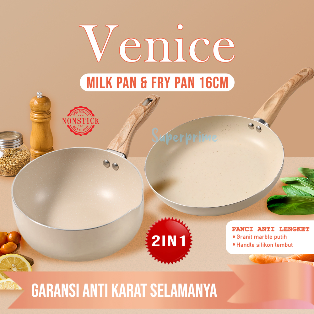 SUPERPRIME Panci set 2in1 VENICE WAJAN MPASI Saucepan frypan 16 cm anti lengket Teflon granite putih