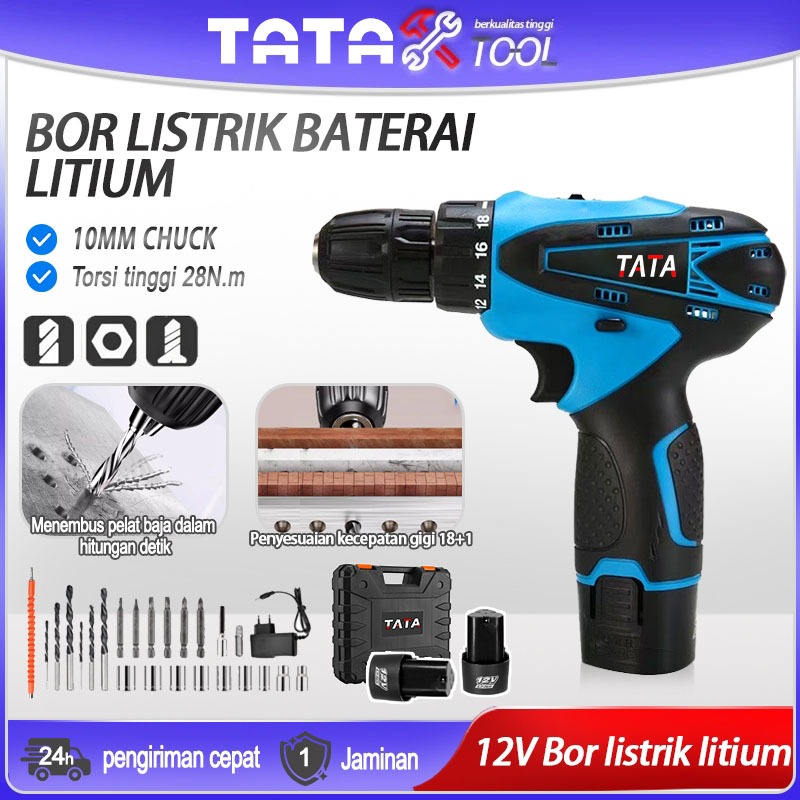 TATA [COD] 12V bor listrik 10mm Chuck dengan 2 Baterai /Mesin Bor Baterai Tangan/bor cordless/Bor Li