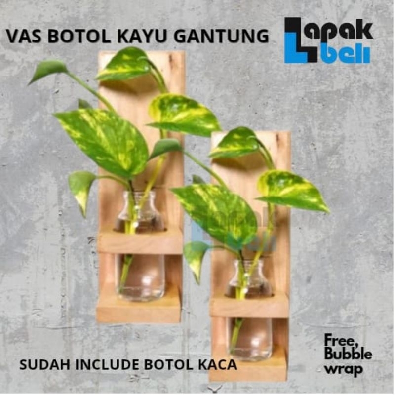 VAS BUNGA BOTOL GANTUNG KAYU | VAS KACA GANTUNG ESTETIK | VAS KACA MINI | STANDING POT KAYU