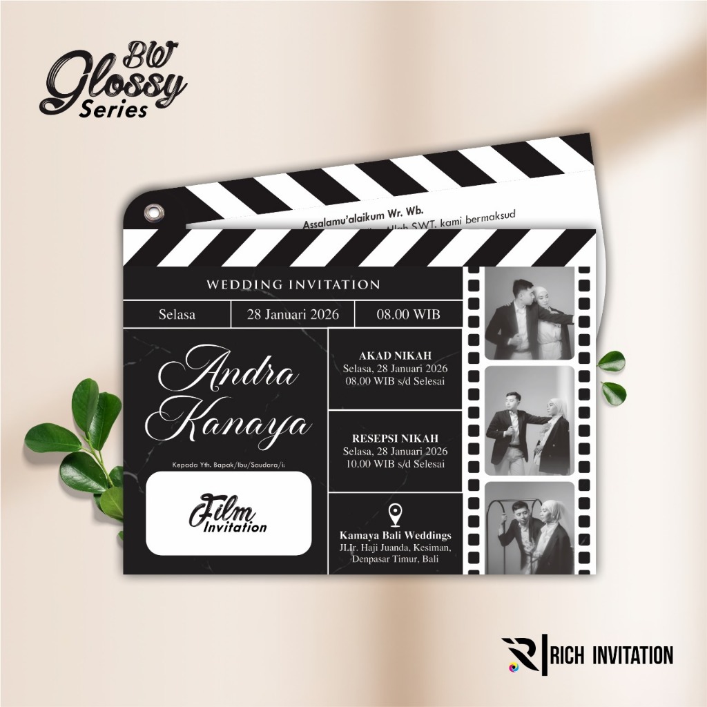 CETAK UNDANGAN PERNIKAHAN CUSTOM - UNDANGAN NIKAH GLOSSY BW - UNDANGAN FILM INVITATION