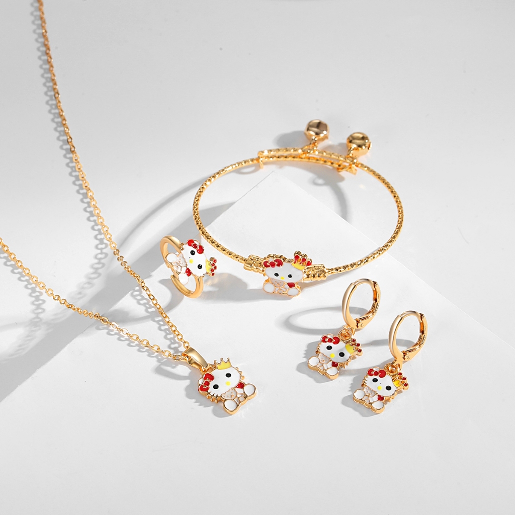 LM778 [COD✔] Set Anak HelloKitty Mahkota Lapis Emas, Rantai Kalung Lonceng Dapat Disesuaikan, Gelang