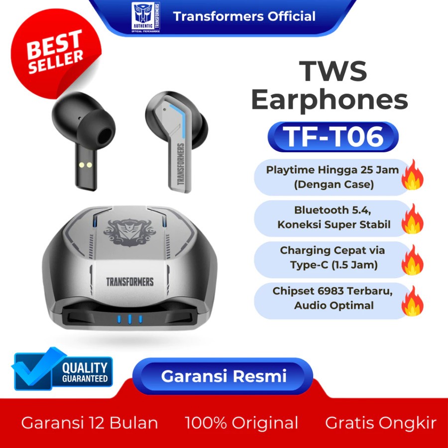 EARPHONE TRANSFORMERS TF-T06 TWS EARBUDS BLUETOOTH 5.4 - HEADSET GAMING - HEADSET WIRELESS - HEADSET
