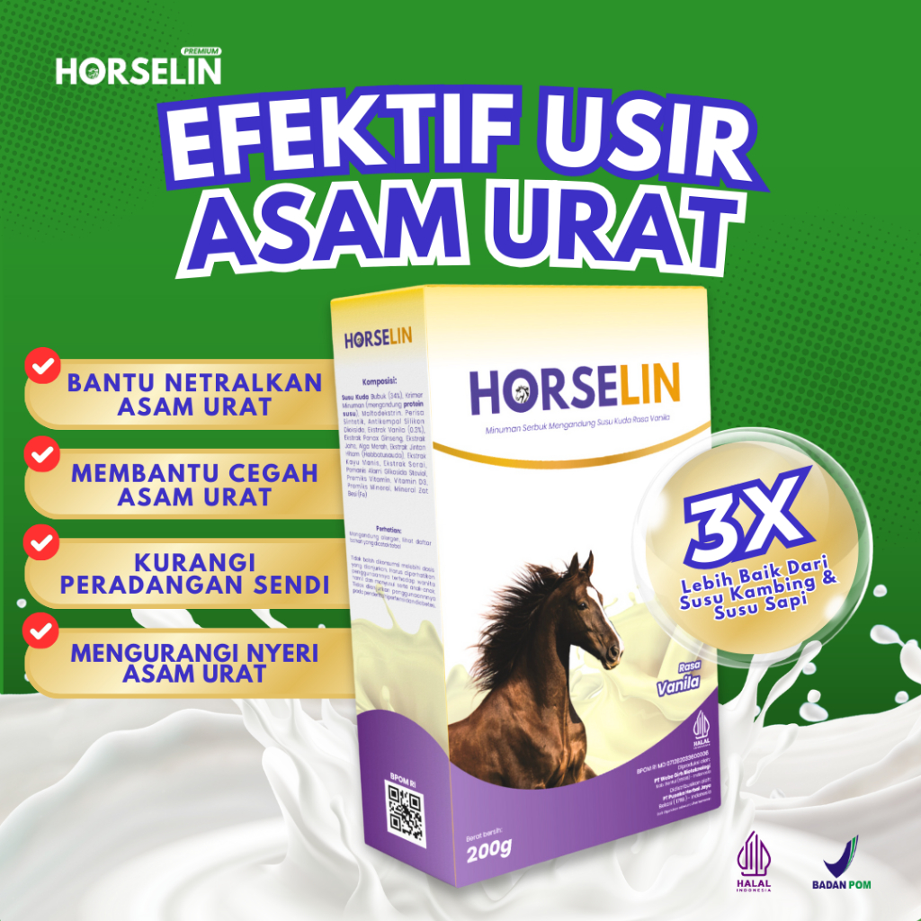 

Susu Kuda Asli HORSELIN Halal MUI Dan BPOM Mengobati Masalah Sakit Asam Urat (200gr) Susu Bubuk