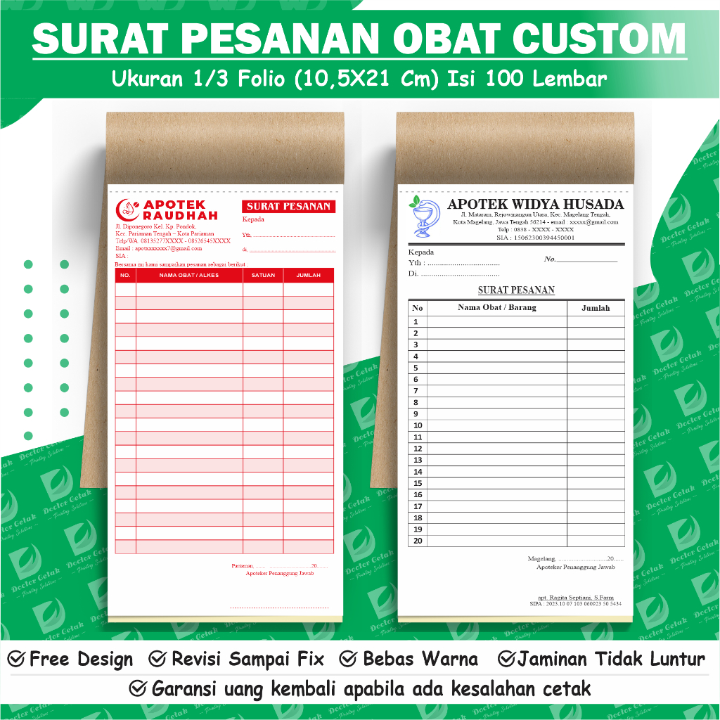 

Cetak surat pesanan obat custom 1/3 folio ( 10,5 x 21 cm ) isi 100 lembar