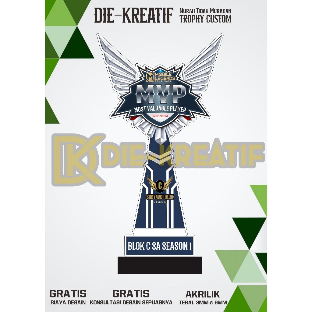Trophy Mobile Legends/Piala MVP/Plakat MVP/Bahan Akrilik 3mm dan 6mm/Bisa Custom/Free Desain