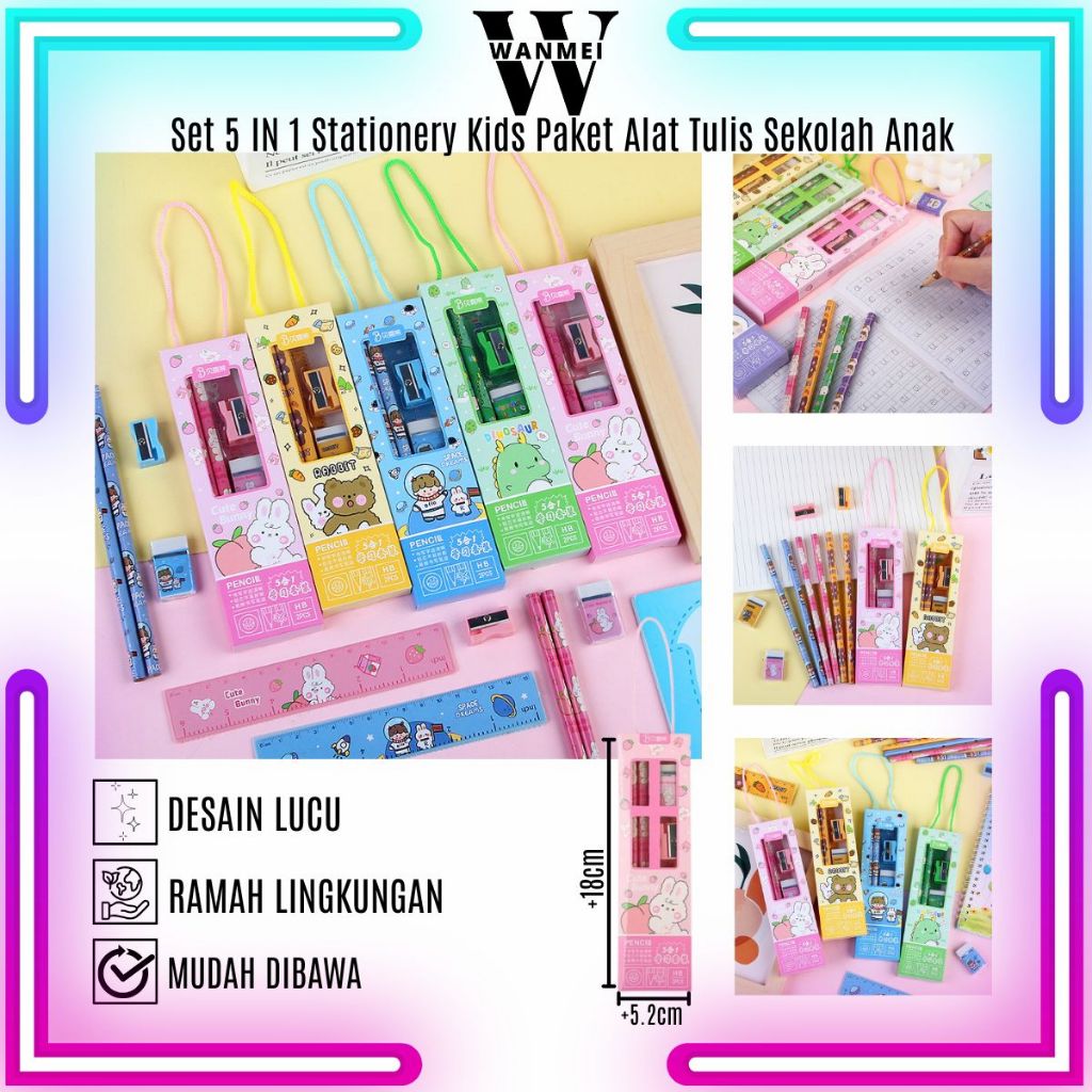 

WM Pensil Set 5IN1 Karakter Lucu / Paket Lengkap Pencil Penggaris Penghapus Rautan Motif Unik