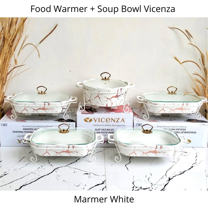 Vicenza Prasmanan Keramik + Tempat Soup Tutup Kaca Set 5 Motif Marmer Putih / Hitam / Pink