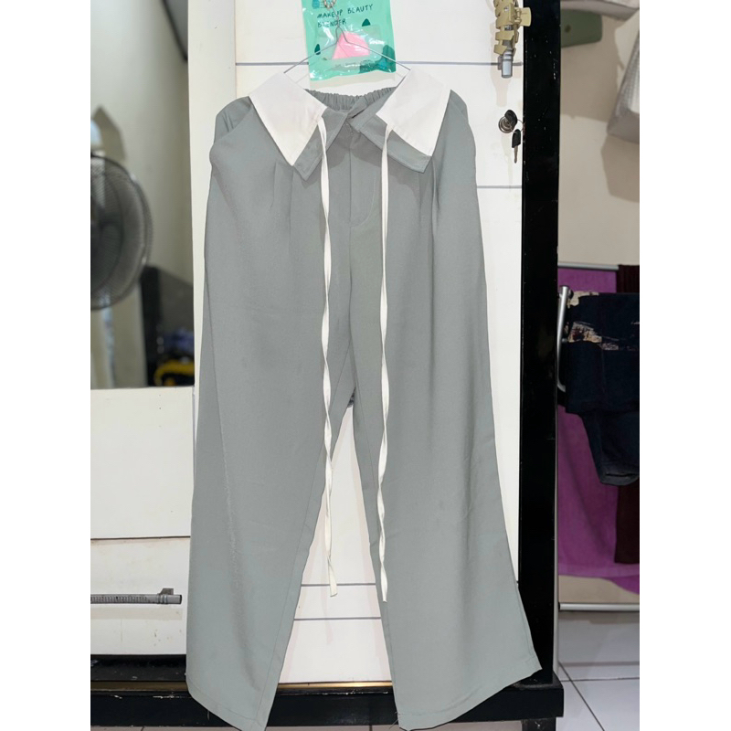 Preloved by Putri || (LIKE NEW) celana kulot sage tali pinggang putih (