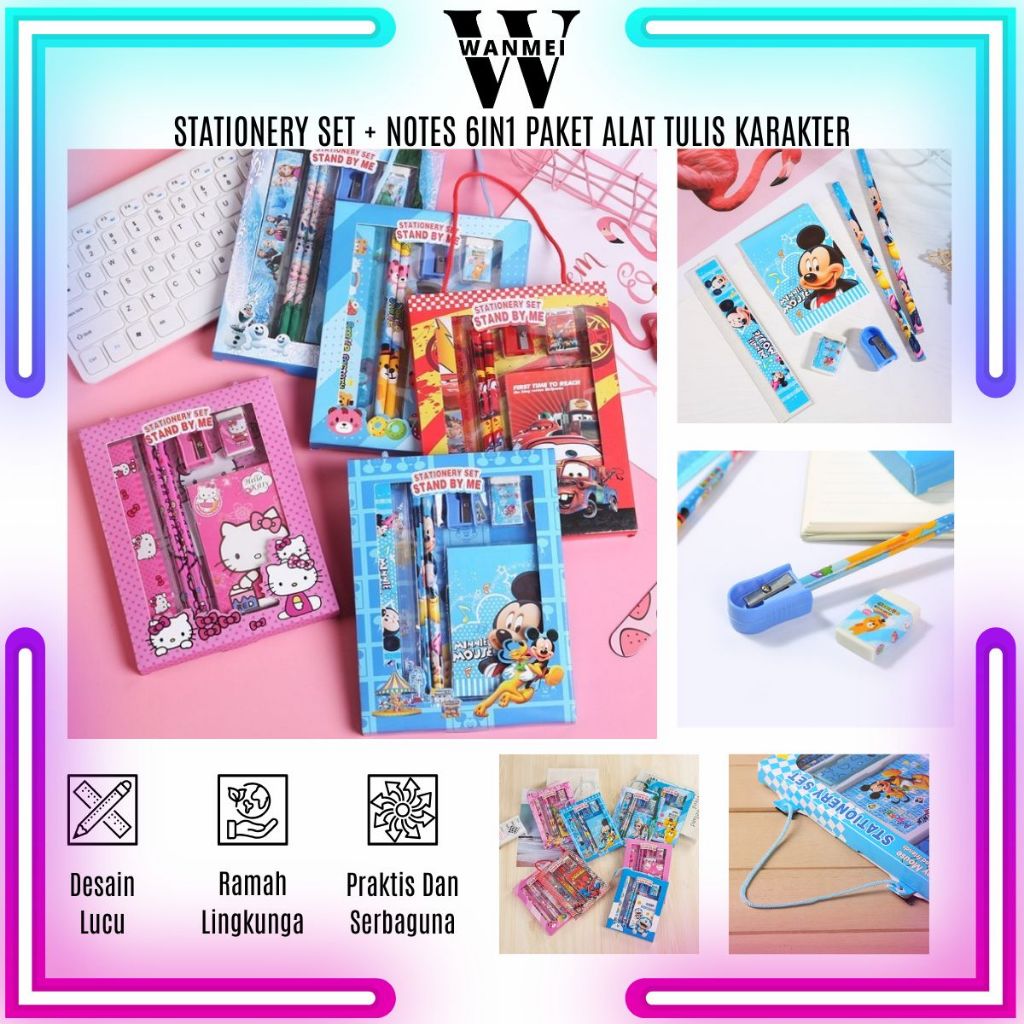 

WM Stationery Set + Notes 6IN1 / Paket 6 Pcs Alat Tulis Buku Penghapus Rautan Penggaris Pensil Notebook Motif Gambar / Perlengkapan Menulis Anak Sekolah Kantor Multifungsi / School Supplies for Child Writing Gift Eraser Ruler