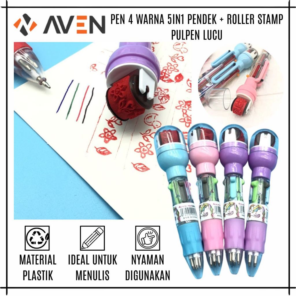 

AVEN Pen 4 & 10 Color 5IN1 + Roller Stamp Pulpen Ballpoint Gambar Lucu