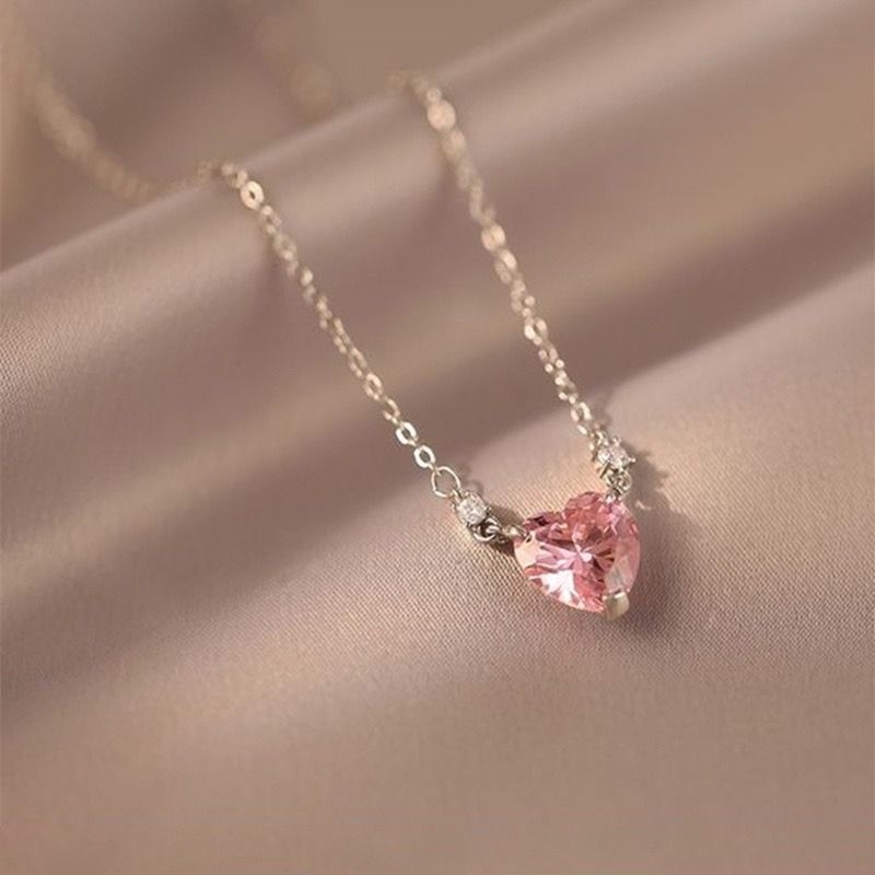 Kalung rantai wanita liontin hati warna pink merah jambu pendant heart cinta love pesta jewelry perh