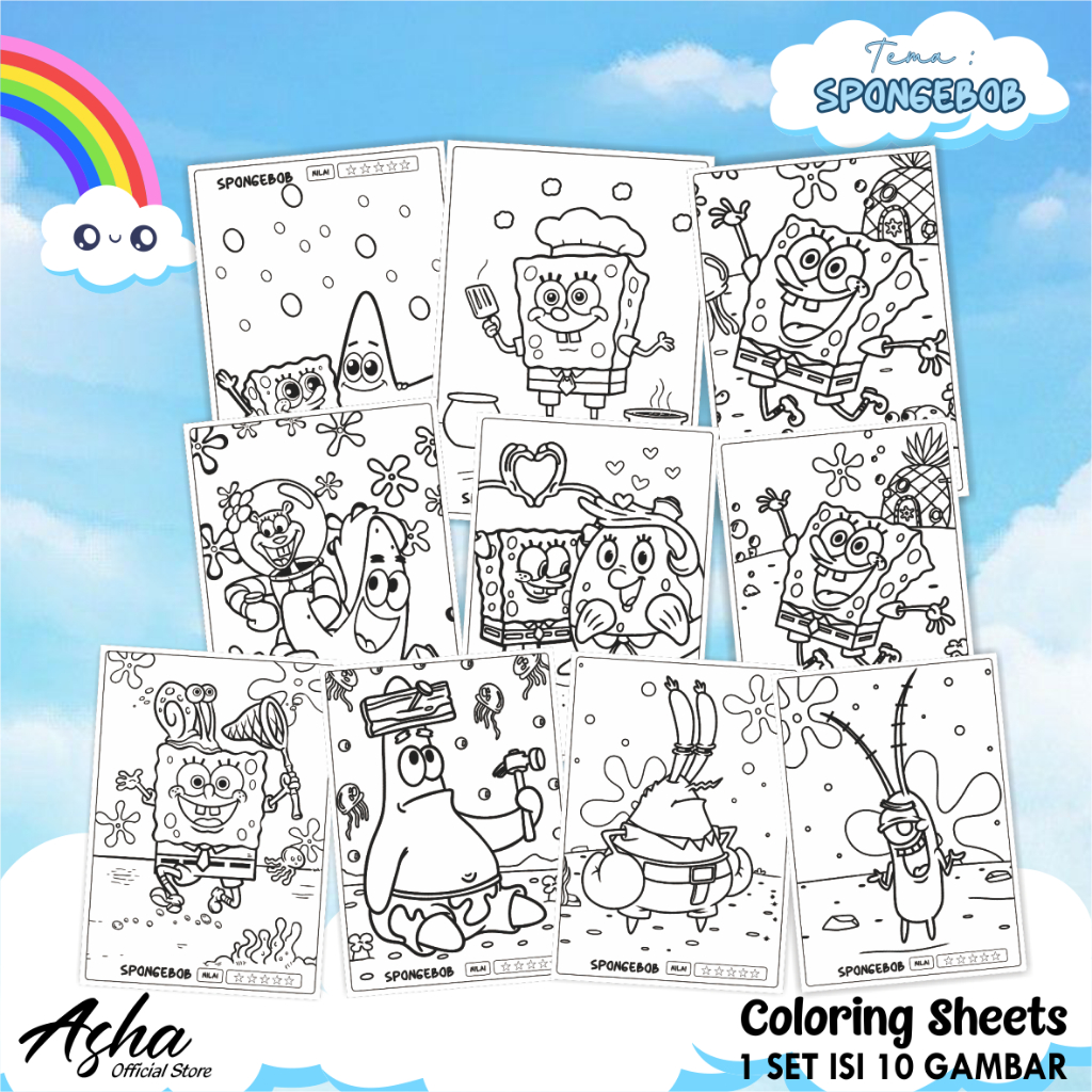 

KERTAS GAMBAR UNTUK ANAK - LEMBAR MEWARNAI ANAK 1 SET ISI 10 LEMBAR GAMBAR SPONGEBOB UKURAN A4