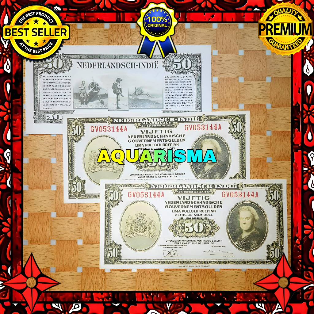 KOLEKSI NUMISMATIK - SOUVENIR REPRO UANG KUNO 50 GULDEN HINDIA BELANDA WILHELMINA 1943