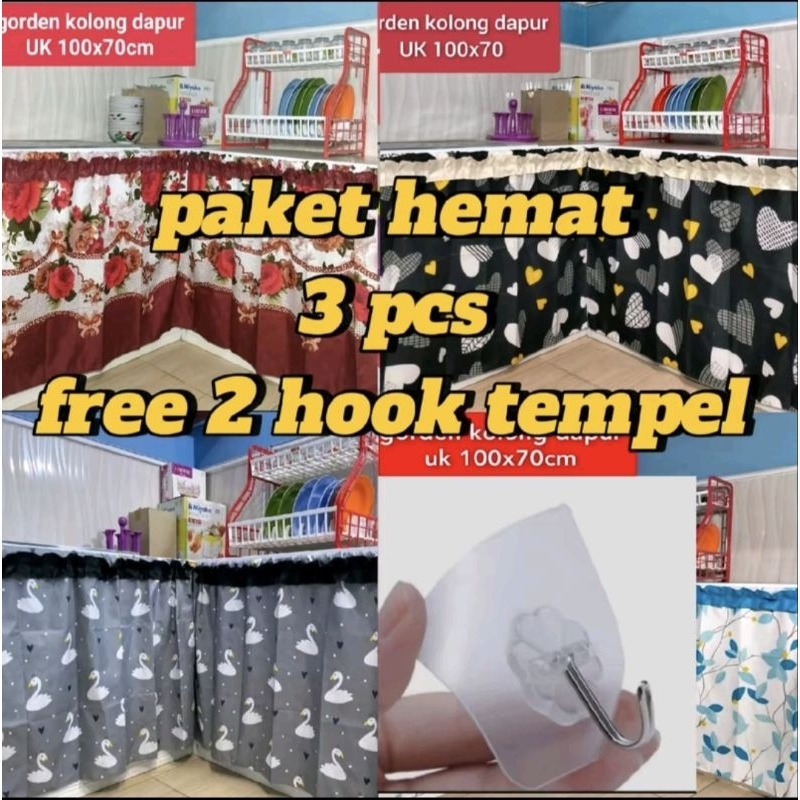 PAKET 3 PCS GORDEN KOLONG DAPUR FREE TALI DAN HOOK TEMPEL UKURAN 70X100CM