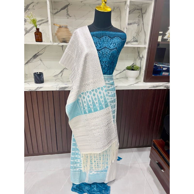 Tumtuman Pengantin FULL KRISTAL Premium Putih Biru Blue Ice Silver Turkish Songket Batak