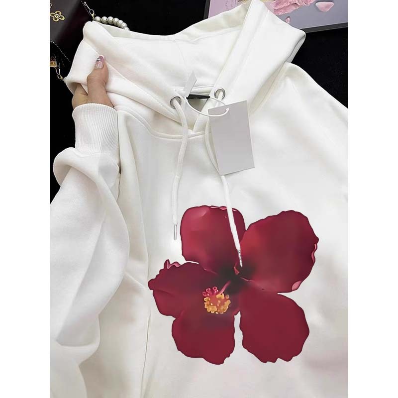 Forteid  Hoodie Sweater Wanita Oversize Huruf  Korean Style Baju Wanita Motif bunga merah/Baju Wanit