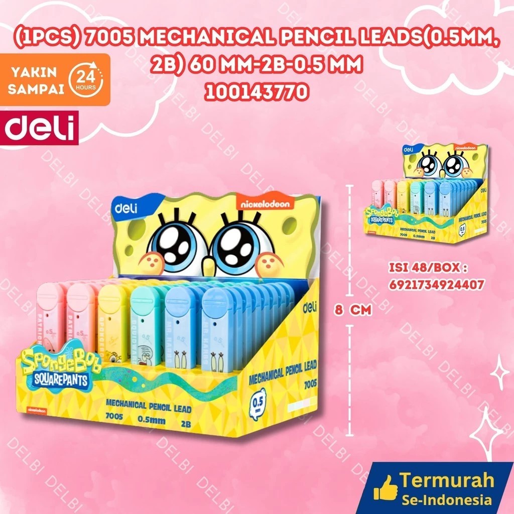 

Deli Refill Pensil Mekanik Karakter Spongebob Mechanical Pencil Lead / Isi Pensil Mekanik (1PCS) 7005 MECHANICAL PENCIL LEADS (0,5MM ,2B) 60MM