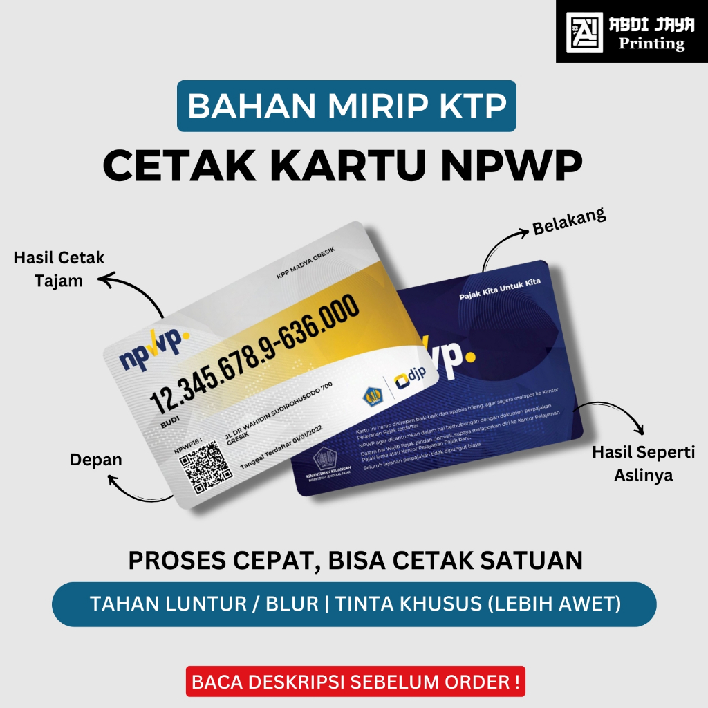 

Cetakk Kartu NPWP 1 HARI JADI Bisa Satuan (Tanpa Minim Order)