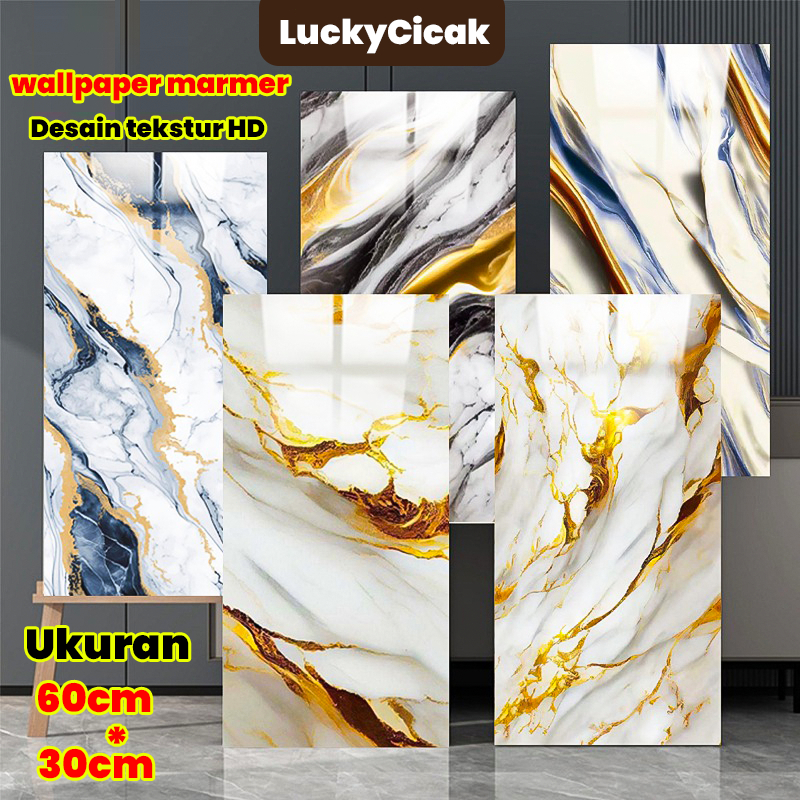 （10 Lembar）wallpaper dinding marmer glossy 30CM*60CM ,wallpaper marmer,wallpaper aesthetic,Lebih teb