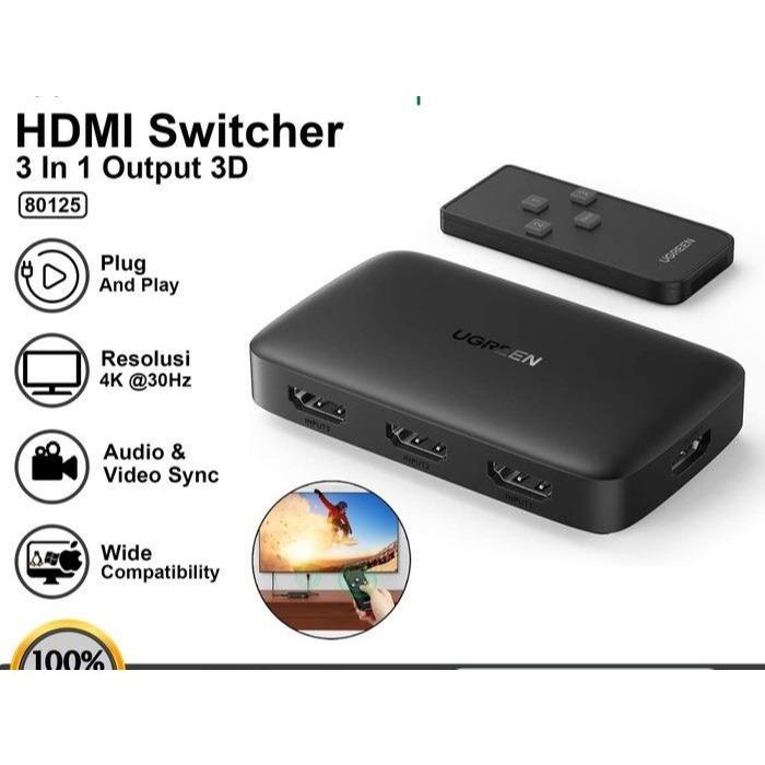 UGREEN HDMI Switcher 3 Input 1 Output 4K HD + Remote 80125 Garansi Resmi