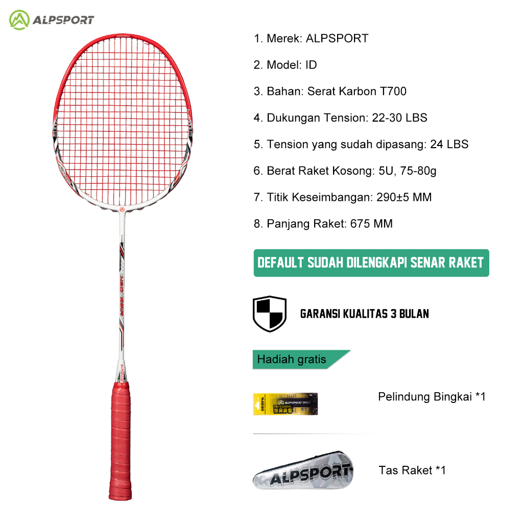 ALP Raket Peringatan ID 5U 77g Max 30LBS Badminton racket Serat Karbon Penuh 100% Ultralight Raket B
