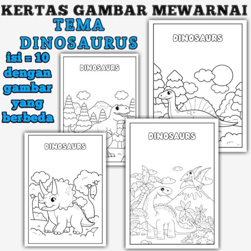 

10 Lembar Gambar Mewarnai Anak Tema Dinosaurus Uk Kertas A5 HVS 80 gram
