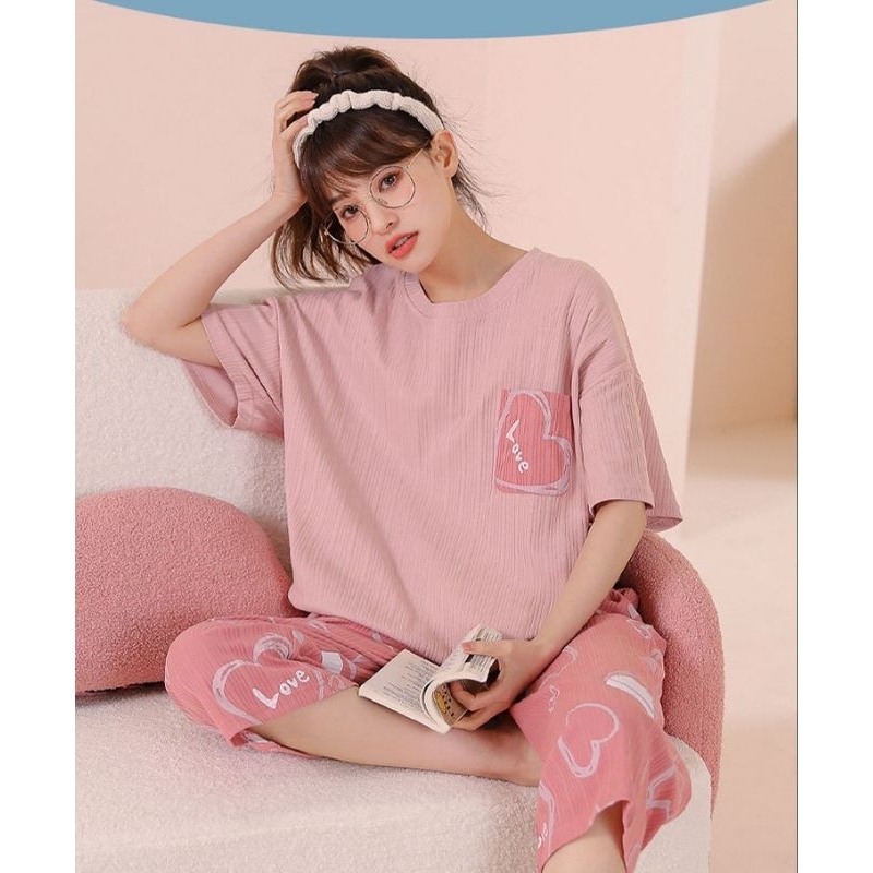 [MIS3111] Piyama Baju Tidur OneSet Wanita Celana Selutut Lengan Pendek Pink Bahan Kaos