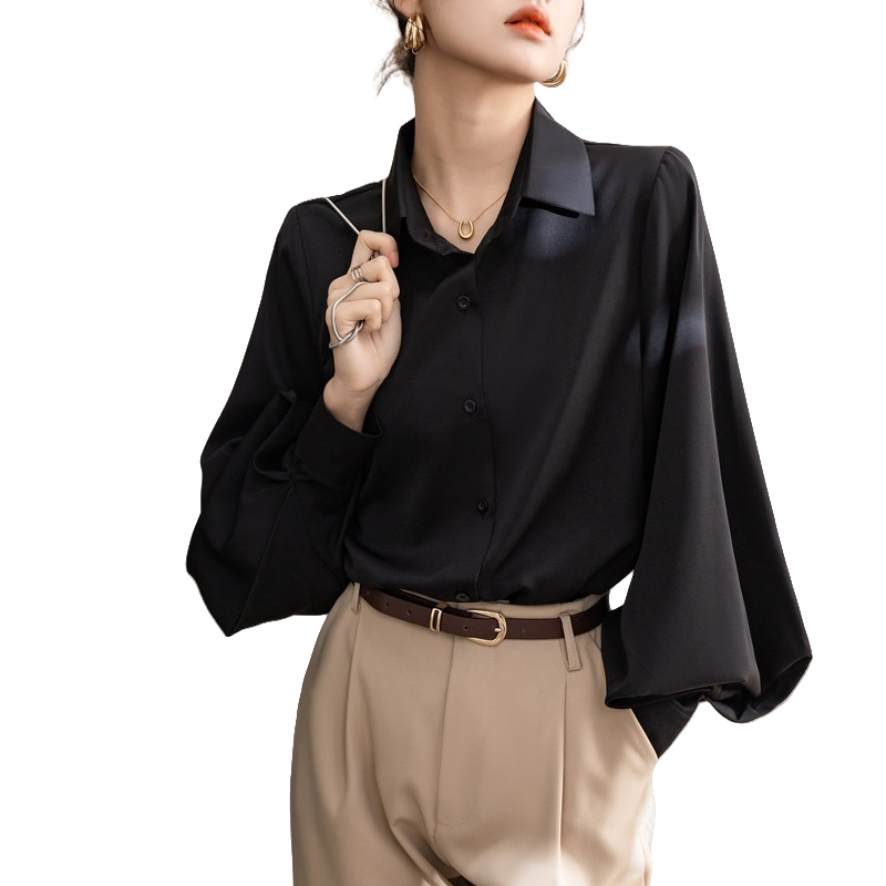 KATERMEN Blus Wanita Hitam - Blus Wanita Lengan Panjang Gaya Korea - Kemeja Kerja Wanita