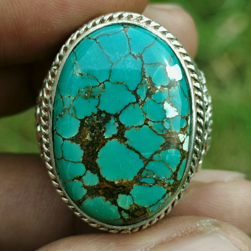 Batu Natural Pirus Hubei Hijau Cerah Jumbo Urat Matrik Ceplok Full Isi Keren Dim-27 Ring Perak