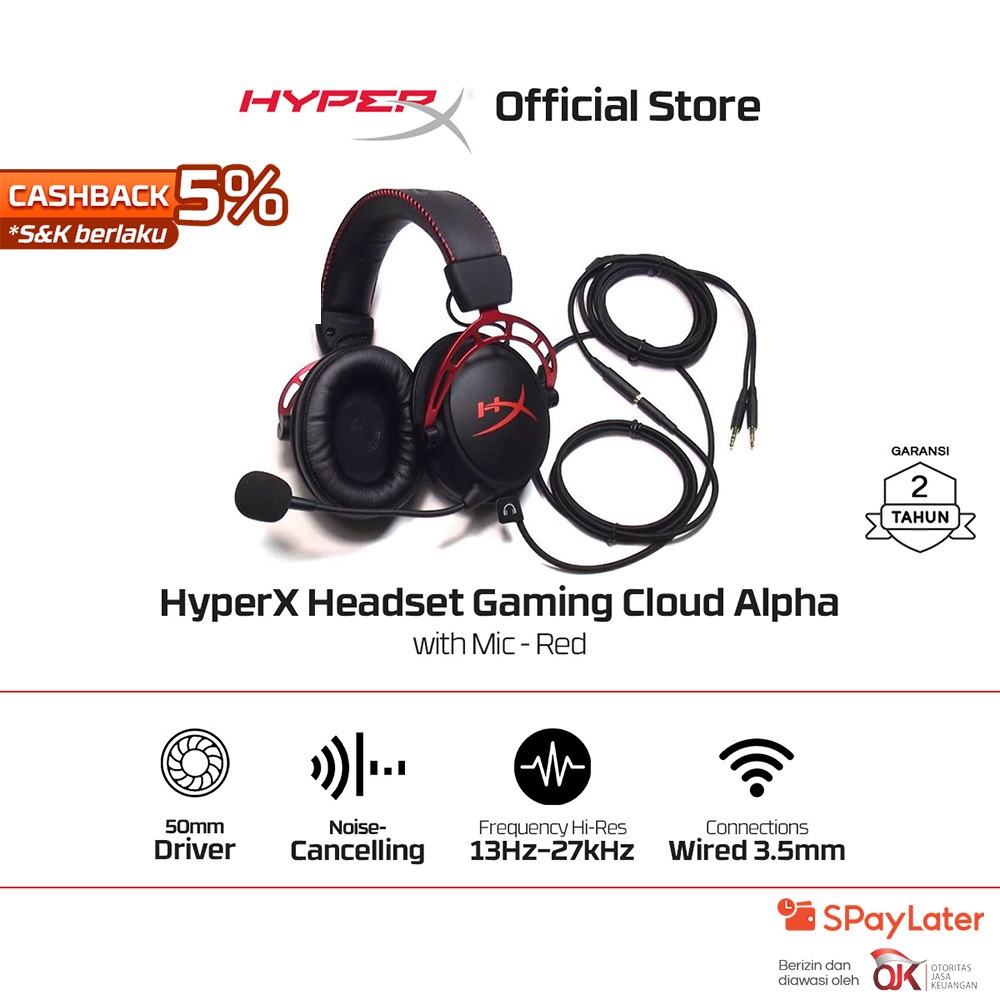 HyperX Headset Gaming Cloud Alpha - Black-Red Wired Noise Cancelling Leather Stereo Bass Android iOS