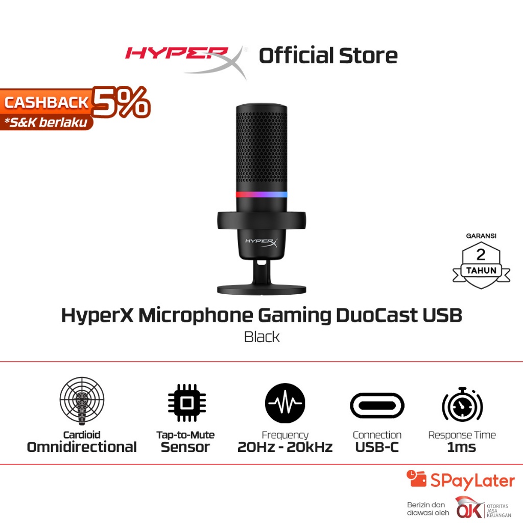 HyperX Microphone Gaming DuoCast USB C - Black RGB LED Podcast Streaming Condenser Mic Original Prom