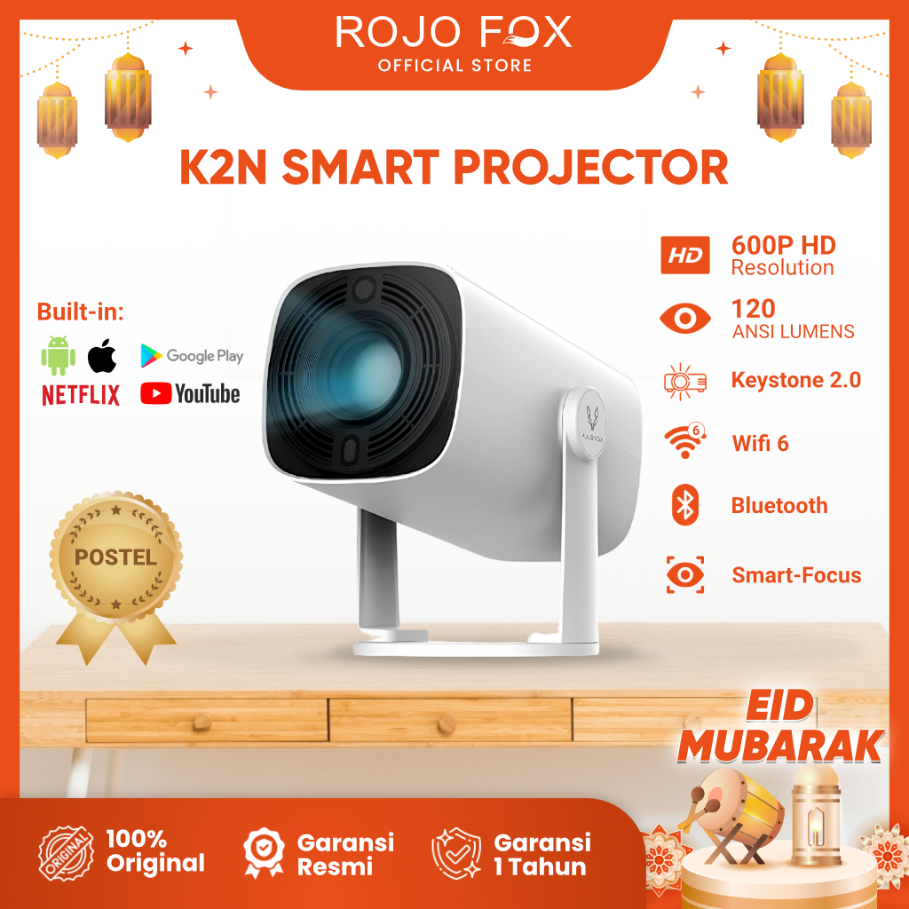 ROJO FOX Mini Proyektor Portable HP K2N - Android 720P HD, 1GB+8GB, Smart Projector dengan Wifi 6 & 